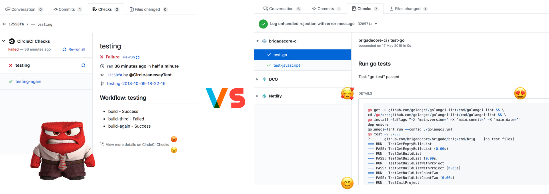 An image comparing CircleCI in GitHub (three builds, 1 failed, and a link below with 'See more details on CircleCI' versus a Brigade test run with the output right there