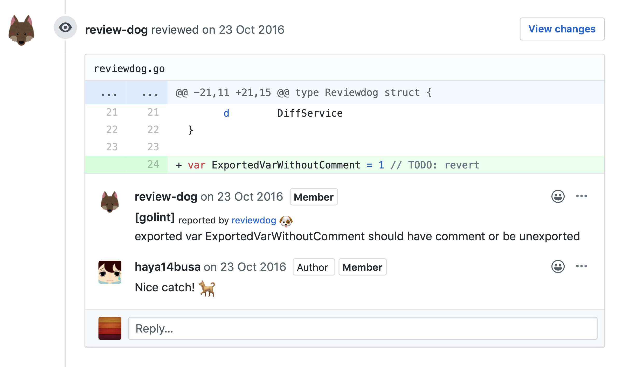 Reviewdog posting a comment on a Pull Request with a golint error